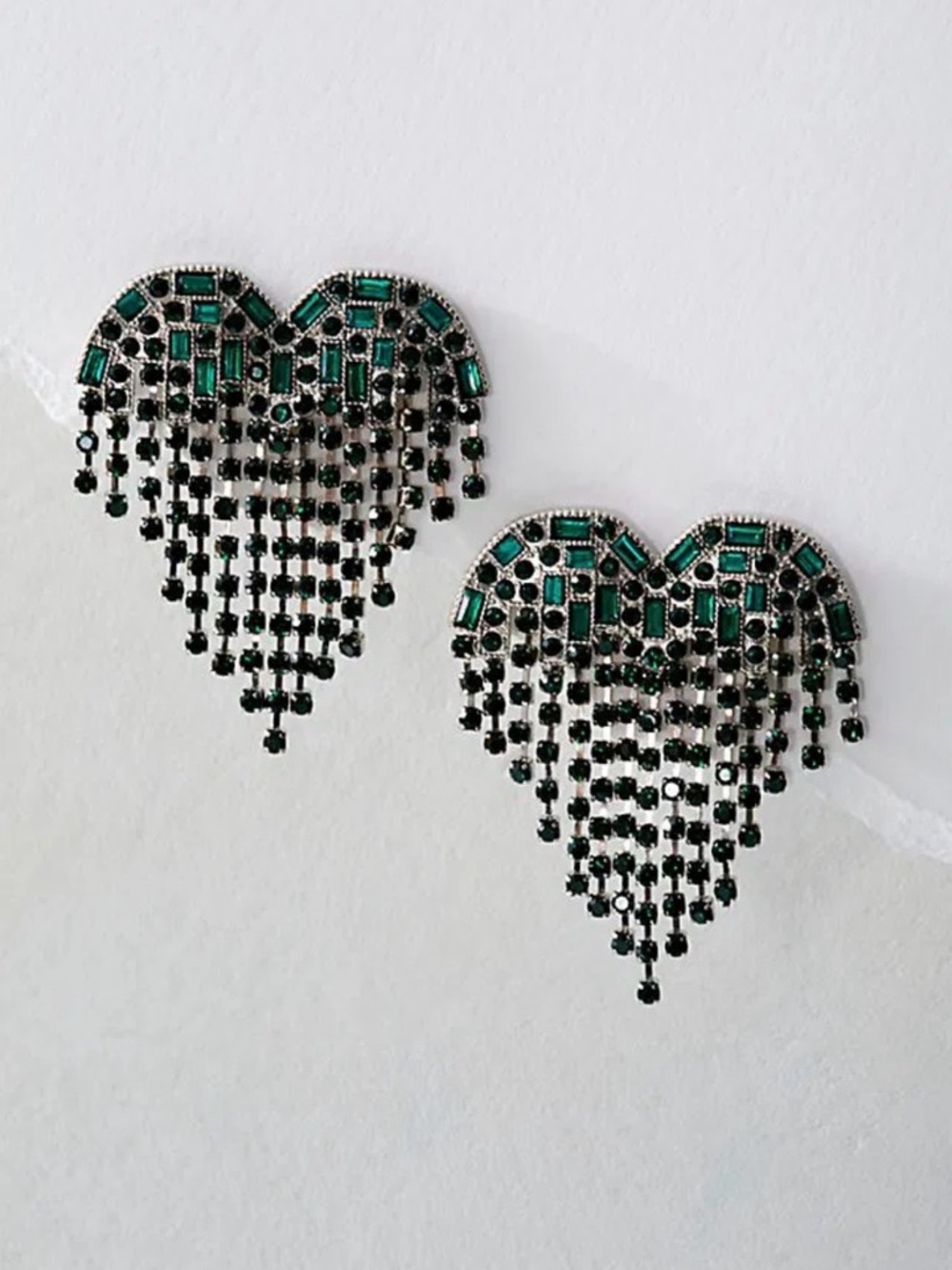 Free People Hearts On Fire Dangle Earrings in Silver & Green & Black Rhinestones
